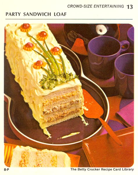 Party Sandwich Loaf Betty Crocker Recipe Card Library, 1960s Food, Betty Crocker Recipe Cards, Ugly Food, Sandwich Loaf, Gross Food, Betty Crocker Recipes, Healthy Chicken Recipes Easy, Party Sandwiches