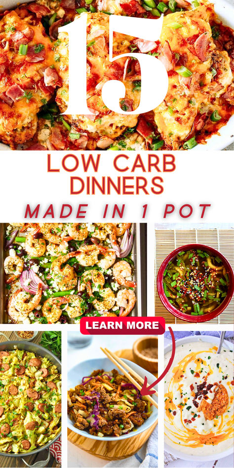 6 photos of low card one pot dishes in a collage with a big number 15. Instapot One Pot Meals Healthy, Healthy Dump Dinners Instant Pot, Easy Dinner Recipes Healthy For One, Healthy 1 Pot Meals, 1 Pot Healthy Meals, Healthy One Pot Meals Low Carb, One Pot Meal Prep Healthy, One Pot Dinners Easy Healthy, One Pot Healthy Recipes