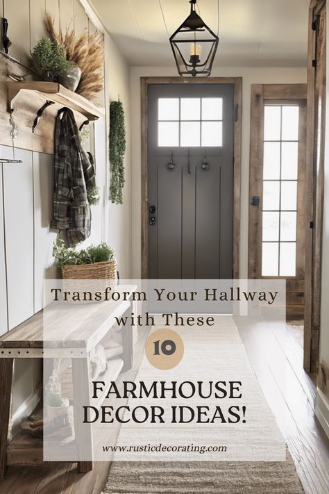 Bring a touch of rustic charm to your home with these 10 inspiring farmhouse hallway decor ideas that will instantly elevate your space. From cozy accents to timeless pieces, these tips will help you create a welcoming and stylish entryway that reflects your love for rustic elegance. Perfect for farmhouse enthusiasts looking to make a lasting impression right at the front door! Hallway Rustic Decor, Entry Way Modern Farmhouse Ideas, Entryway Farmhouse Ideas, Farmhouse Foyer Ideas Entryway, Small Farmhouse Entryway Ideas, Entry Way Inspirations, Farmhouse Entryway Decor Ideas, Farmhouse Entrance Entryway, Country Entryway Ideas