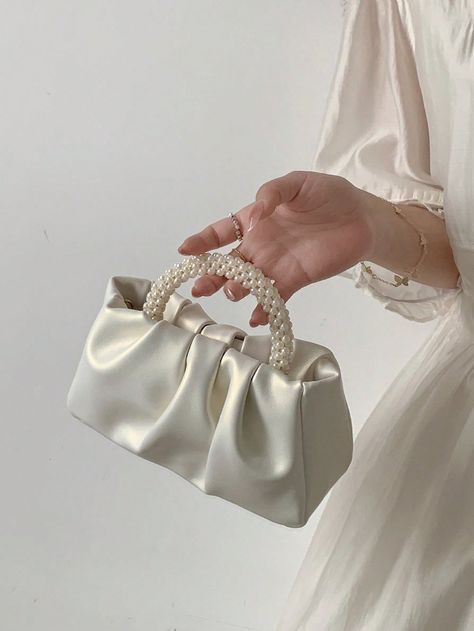 Beige  Collar  PU Leather Plain Ruched Bag Embellished   Women Bags Ruched Bag, Trendy Business Casual, Small Messenger Bag, Pearl Bag, Trendy Handbags, Handbags Casual, White Purses, Frame Bag, Gold Handbags