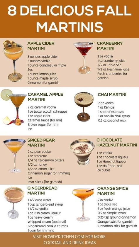 🍂🍸 Fall in love with these 8 delicious martini recipes!From Apple Cider to Chocolate Hazelnut, each sip is a perfect blend of autumn flavors. Cheers to cozy vibes! #FallCocktails #MartiniMagic #franklinma #liquor Fall Martini, Bartenders Guide, Aesthetic Drinks, Fall Cocktails Recipes, Fall Cocktail, Thanksgiving Drinks, Liquor Drinks, Boozy Drinks, Drinks Alcohol