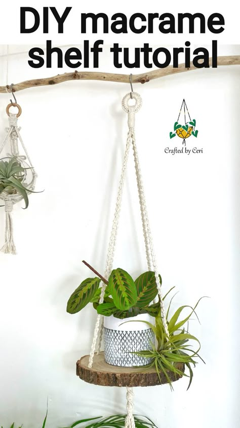 Wooden hanging shelf with plants How To Make Macrame Hanging Shelf, Macrame Wood Plant Hanger, Diy Macrame Hanging Shelf, Macrame Floating Shelf Diy, Macrame Shelves Tutorial, Log Slice Hanging Shelf, Macrame Shelf Pattern, Diy Wood Plant Hanger, Macrame Wood Shelf