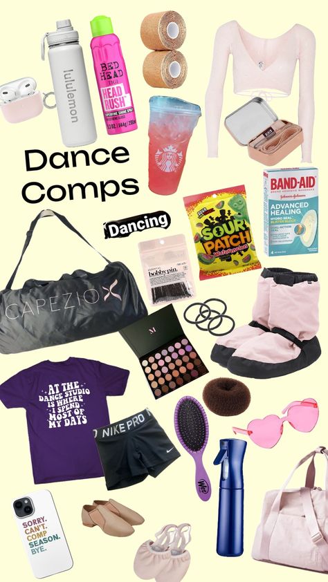 #dancecomps I'm at a dance Comp rn so I js made this lol Cheer Comp Outfits, Dance Comp Essentials, Comp Dance Aesthetic, Dance Must Haves, Dance Bag Essentials, Dancer Goals, Dancer Core, Dance Competition Bag, Dance Convention Outfits