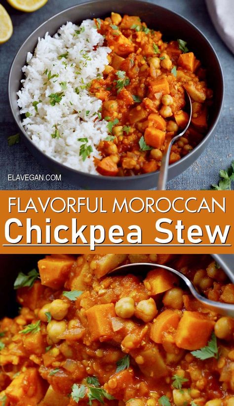 This Moroccan chickpea stew is simple, hearty, comforting, and loaded with veggies and warming spices for a truly delicious and satisfying gluten-free, meat-free meal! #Moroccanchickpeastew #chickpeastew #veggiestew #lentilstew #elasrecipes | elavegan.com Moroccan Chickpea Stew, Chickpea Recipes Easy, Vegan Chickpea Recipes, Moroccan Chickpea, Moroccan Stew, Moroccan Vegetables, Vegetarian Stew, Vegan Stew, Chickpea Soup