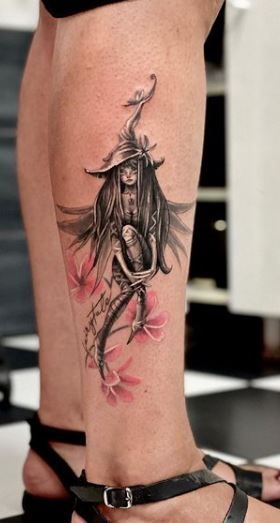 Dark Fairy Tattoos For Women, Fairy Witch Tattoo Ideas, Steampunk Fairy Tattoo, Dark Fairies Tattoo, Fairy Sleeve Tattoos For Women, Witchy Fairy Tattoo, Fantasy Fairy Tattoo, Fairy Garden Tattoos For Women, Warrior Fairy Tattoo