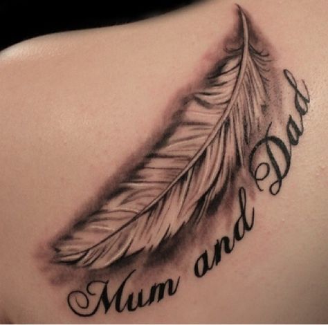 Mum&Dad Feather Tattoo Mum And Dad Tattoos, Butterfly Tattoos, Dad Tattoos, World Tattoo, Mother And Son, Feather Tattoo, Deathly Hallows Tattoo, Butterfly Tattoo, New Tattoos