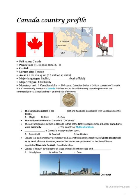 canada profile - English ESL Worksheets Canada Worksheet, Canadian Activities, Canada Printables, Canadian Slang, Canadian Facts, Canadian English, Canada Project, Canadian Recipes, All About Canada