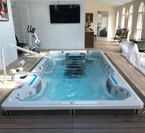 Indoor Swim Spa Room, Dual Temp Swim Spa, Small Indoor Pool In Houses, Indoor Swim Spa, Outdoor Swim Spa, Swim Spa Deck, Spa Deck, Traditional Pool, California Room