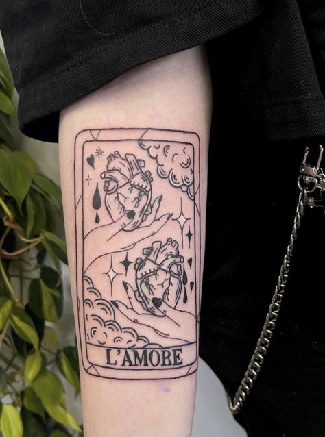 Tarot Card Tattoo Forearm, Tarot Tattoo The Lovers, Tarot Card Tattoo The Lovers, Lover Tarot Cards Tattoo, The Lover Tattoo, The Lovers Tattoo Tarot Cards, Lovers Card Tattoo, Twin Flame Tattoo Ideas, Tattoo Tarot Card