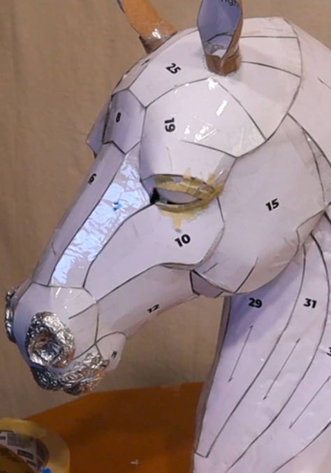 Horse Mask Costume, Horse Mask Diy, Horse Diy Projects, Cardboard Horse Head, Horse Sculpture Clay, Horse Head Pattern, Paper Mache Horse, Horse Puppet, Horse Head Sculpture