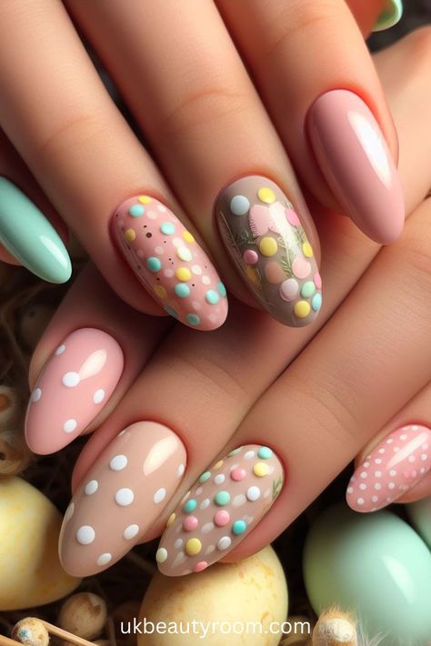 21 Adorable Easter Nail Designs for Spring 2024 Dots Nails Design, Polka Dots Nails, Nails Design Spring, Dip Art, Spring Pedicure, Pastel Nail Art, Simple Spring Nails, April Nails, Easter Nail