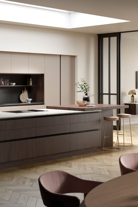 NOVUS - PROMOTE THE FLOW 🌸🌿 📷 Featuring Setosa painted Dune with Walnut As open plan living becomes more popular, handleless kitchens have become the perfect choice, as they offer a seamless transition between living areas and the kitchen area. Style your spaces with complementary colours and harmonious textures to link them together. Handleless Kitchen Cabinets, Minimalist Cabinet, Handleless Kitchen, Kitchen Utilities, Contemporary Kitchen Design, Kitchen Area, Kitchen Collection, Coffee Kitchen, Kitchen Living