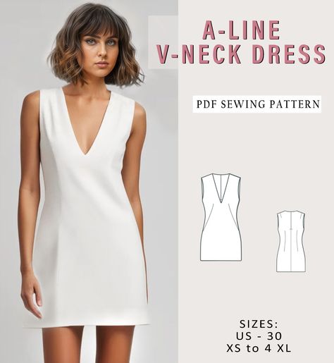 V-neck Sleeveless Mini Dress, Bodycon Dress, Digital Sewing Pattern, US Sizes XS-5XL, PDF, Line Dress A4 A0 Letter Dress Patterns For Sewing, V Neck Shift Dress Pattern, Aline Dress Sewing Pattern, A Line Mini Dress Pattern, V Neck Dress Pattern Free, Slip Dress Free Pattern, Casual Dress Sewing Pattern, V Line Dress, A Line Dress Pattern