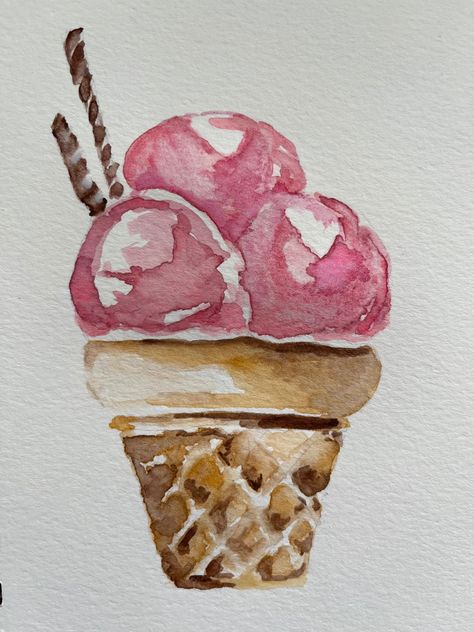 Watercolor Paintings Colorful, Ice Cream Watercolor Painting, Ice Cream Scoop Drawing, Cute Watercolour Ideas, Cute Ice Cream Drawings, Simple Water Coloring Ideas, Ice Cream Drawing, Watercolour Food, Watercolor Ice Cream