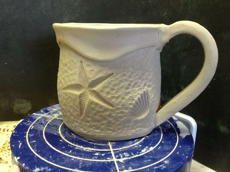 My new handmade mug...thinking of summer! Summer Mug Ideas, Ocean Mugs, Ocean Pottery, Ceramic Finishes, Ocean Mug, Ceramics Bowls Designs, Ocean Texture, Wheel Thrown Ceramics, Ceramic Texture