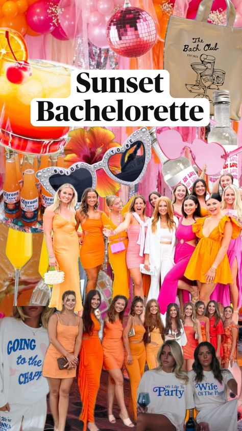 Theme for a sunset or sunrise bachelorette party! Inspo Brunch Ideas For Bachelorette Party, Colour Bachelorette Party, Carnival Bachelorette Party, Sunset Night Bachelorette, Bacholerette Outfit Theme, Summer Theme Bachelorette Party, Sunset Theme Bachelorette Outfits, Bachelorette Party Outfit Themes Fun, Burnt Orange Bachelorette Party