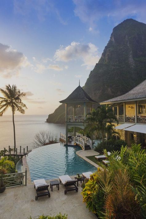 If you're looking for breathtaking views, Arc En Ciel is the place for you! This incredible villa is located near the most famous landmark on Saint Lucia! Lottery Jackpot, Colorful Photos, Caribbean Luxury, Tropical Pool, Places To Rent, Resort Design, Dream Vacations Destinations, Saint Lucia, Dream Places