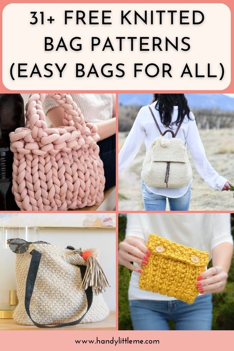 31+ Free knitted bag patterns (Easy bags for all). Looking for a new knitting project? Check out these knit bag patterns are perfect for all skill levels. From simple totes to intricate handbags, there's something for everyone! Knit Messenger Bag Pattern Free, Handbag Knitting Patterns, Easy Knit Purse, Chunky Knit Purse Pattern, Knitting A Bag For Beginners, Knitting Patterns For Bags Free, Bag Knitting Patterns Free, Loom Knit Purse Free Pattern, Knitting Bags Free Patterns