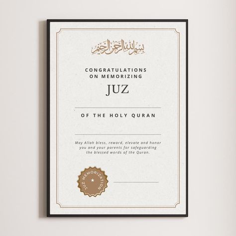 Blank Quran Juz Memorization Award Printable | Customizable Islamic Certificate | Quran Achievement Award | Quran Hifz I Digital Download by EveryMuslim on Etsy Islamic Certificate, Quran Memorization, Printable Certificates, The Quran, Certificate Templates, Holy Quran, Hard Work, Digital Download Etsy, Custom Orders