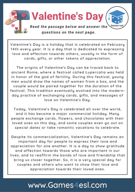 Download this Valentine's day reading comprehension worksheet and use it in class today. As always, this is FREE to use in your lessons. Saint Valentine Story, Valentine's Day Origin, Esl Reading Comprehension, Valentine Worksheets, Valentines Day History, Teach English To Kids, Reading Comprehension For Kids, Esl Reading, 4th Grade Math Worksheets