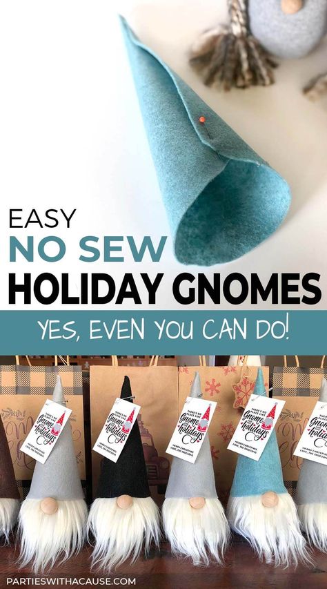 Looking for a fun and easy project that YES even you can do!? These adorable no sew gnomes are SO simple! Get the full tutorial and printable patterns at Parties With A Cause. They also make for a great DIY gift...for any holiday! #easygnome #nosewgnome #sockgnome #diygnome Julkransar Diy, Jul Diy, Holiday Gnomes, Gnome Tutorial, Gnomes Diy, Diy Gnomes, Gnomes Crafts, Christmas Ornament Crafts, No Sew