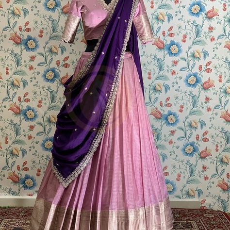 Checks Lehenga Designs, Pink Half Sarees Pattu, Traditional Langa Voni, Half Saree From Old Saree, Simple Half Sarees South Indian, Half Saree Lehenga Langa Voni Pattu, Old Saree Lehenga Designs, South Indian Half Sarees Traditional, Purple Half Saree South Indian