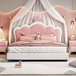 Full Size Upholstered Bed, Leather Upholstered Bed, Leather Platform Bed, Full Size Platform Bed, Princess Bed, Headboard Designs, Upholstered Bed Frame, Pink Bedding, Kids' Bed