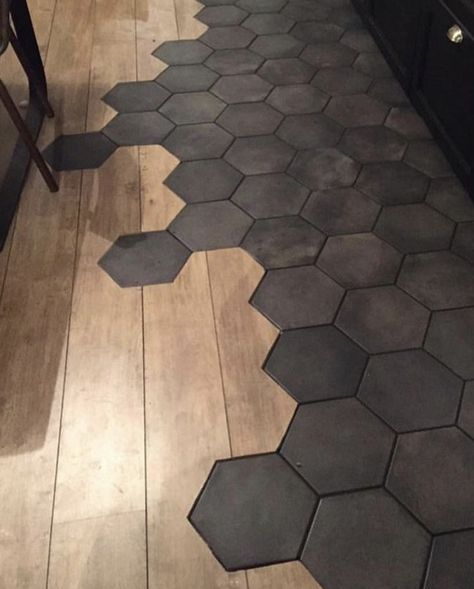 Hexagon Tile Fireplace, Octagon Tile Bathroom, Octagon Tile Floor, Hexagon Flooring, Hexagon Tile Kitchen, Large Hexagon Tile, Tile To Wood Transition, Hexagon Tile Bathroom, Black Hexagon Tile