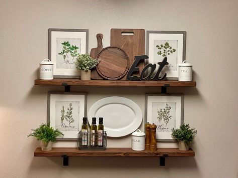 Kitchen Floating Shelves Decor, Farmhouse Shelves Decor, Kitchen Floating Shelves, Dining Room Shelves, Rustic Wall Shelves, Floating Shelf Decor, Kitchen Shelf Decor, Kitchen Wall Shelves, Floating Shelves Kitchen