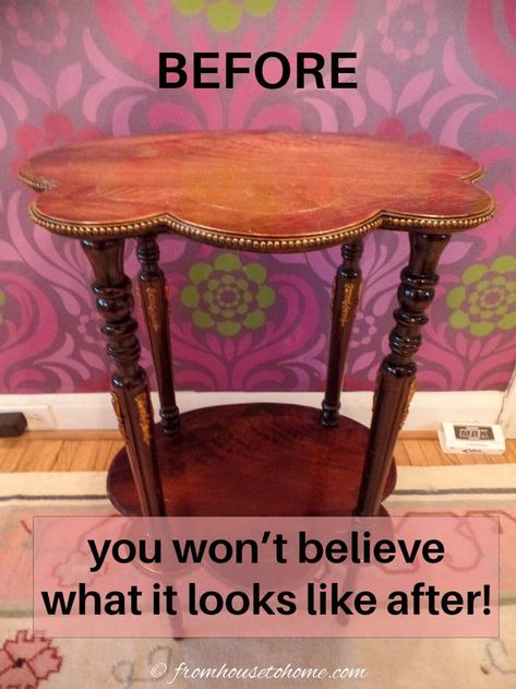 This DIY furniture project is an easy way to turn an old side table into a showstopper with some paint, metallic wax and nail head trim. The perfect way to upcycle a tiered table. Small Side Table Painting Ideas, Painting Bedroom Side Tables, Round End Table Refinishing Ideas, Repurposed Side Table Ideas, Flipping End Tables, Small Painted Tables Ideas, Refurbished Plant Stand, Painting Small Tables Ideas, Tiered Table Makeover