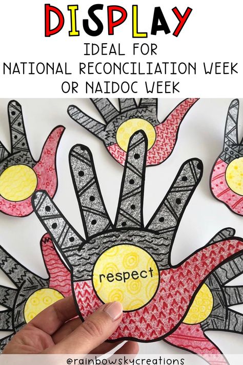 Our Indigenous Hands display is a perfect tribute for NAIDOC Week and/or National Reconciliation Week pack. Provide each student with a hand to design and decorate to be part of a collaborative art piece. The aim of the display is to acknowledge the history and traditions of the Aboriginal and Torre Strait islanders. #rainbowskycreations Naidoc Activities, Indigenous Activities, Aboriginal Activities, Naidoc Week Activities, Reconciliation Week, Aboriginal Art For Kids, Aboriginal Art Symbols, Indigenous Studies, Aboriginal Education