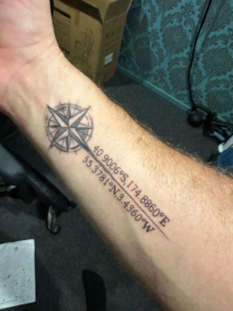 Tattoos Of Coordinates, Coordinate Tattoo Ideas Men, Latitude And Longitude Tattoo, Coordinates Tattoo Men, Latitude Longitude Tattoo, Gps Coordinates Tattoo, Coordinates Tattoo Placement, Determination Tattoo, Coordinates Tattoo