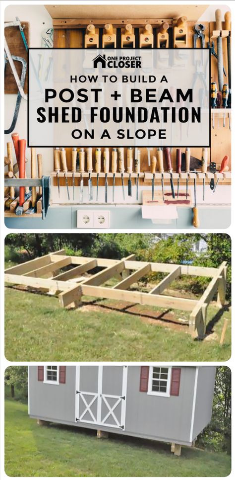 Shed Foundation Ideas On A Slope, Shed On A Slope, Post And Beam Foundation, Post And Beam Shed, Shed Foundation, Concrete Sheds, Deck Foundation, Ideas For Backyard, Low Deck