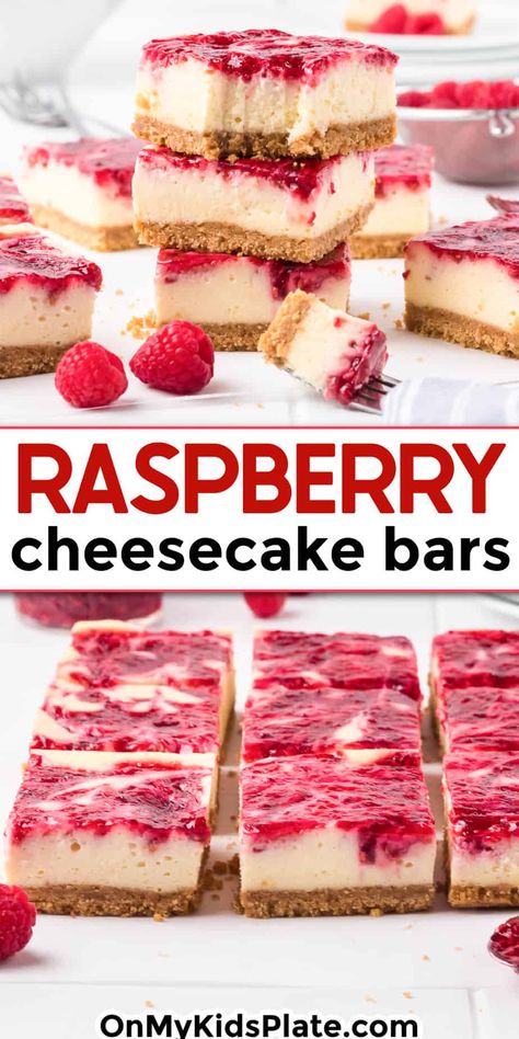 Raspberry cheesecake bars stacked and sliced on the counter with title text overlay in the center of the image. Strawberries And Raspberries Recipes, Dessert Recipes Cheesecake Bars, Easy Raspberry Cheesecake Recipes, Healthy Raspberry Cheesecake, Raspberry Swirl Cheesecake Bars, Baked Cheesecake Bars, Snack Bars For Parties, Raspberry Cheesecake Cups, Holiday Cheesecake Bars