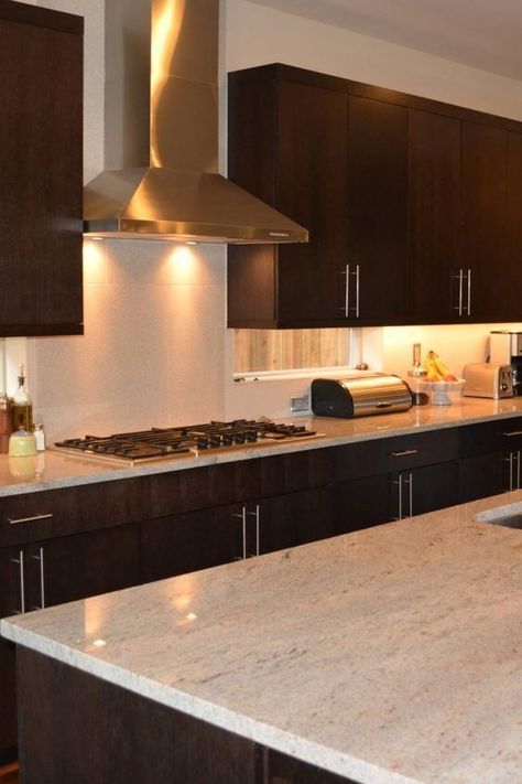 Espresso Brown Kitchen Cabinets, Dark Cherry Wood Kitchen Cabinets, Dark Cabinets With Light Granite, Dark Cabinets With Light Countertops, Dark Walnut Kitchen Cabinets, Light Granite Countertops, Dark Brown Kitchen Cabinets, Kitchen Counter Design, Penthouse Kitchen