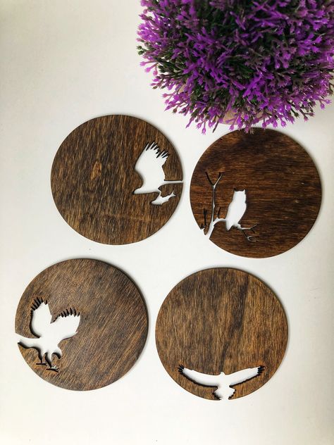 "Laser Cut Wildlife Birch Stained Coasters (American Walnut Stain) These coasters are a perfect gift for friends and family for any occasion such as birthdays, weddings, showers, anniversaries, housewarming etc.  Details: *Canadian Birch Wood with unique woodgrain *Perfectly sized for any mug / beer can / glassware *Laser engraving is permanent  *Finished with a matte finish varnish for added protection  Size: *Round - Approximately 4\" (10cm) in diameter *0.16 inches thick (4mm) Care Instructions:  *All wood coasters are sealed with a waterproof stain. They can be cleaned with a damp cloth.  Please contact us if you want a personalized set or have a unique idea. We will work directly with you, provide options, and create your laser engraved masterpiece!" American Walnut Stain, Laser Cut Coaster, Wood Laser Ideas, Router Projects, Laser Engraved Ideas, Unique Coasters, Laser Engraved Wood, Slate Coasters, Realtor Gifts