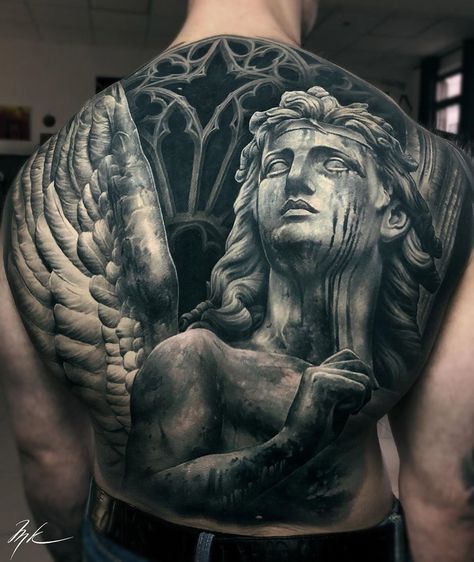 Angel Statue and church windows cover up piece by Mihail Kogut, an artist based in Moscow. Church Tattoo, Tattoo Angel, Backpiece Tattoo, Statue Tattoo, Full Back Tattoos, 4 Tattoo, Back Tattoos For Guys, Realistic Tattoo, Greek Tattoos