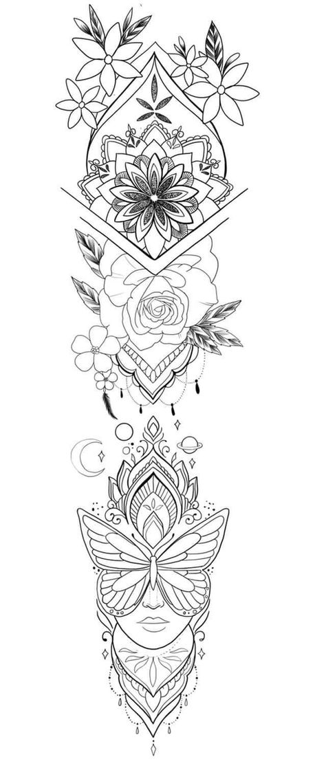 Tattoo Ideas Female Mandala Arm, Tattoo Arm Female, Women’s Arm Sleeve Tattoo Ideas, Boho Tattoo Sleeve For Women, Large Thigh Piece Tattoo, Back Tattoo Women Stencil, Mandala Tattoo With Flowers, Leg Tattoo Template, Tattoo Sleeve Designs Women