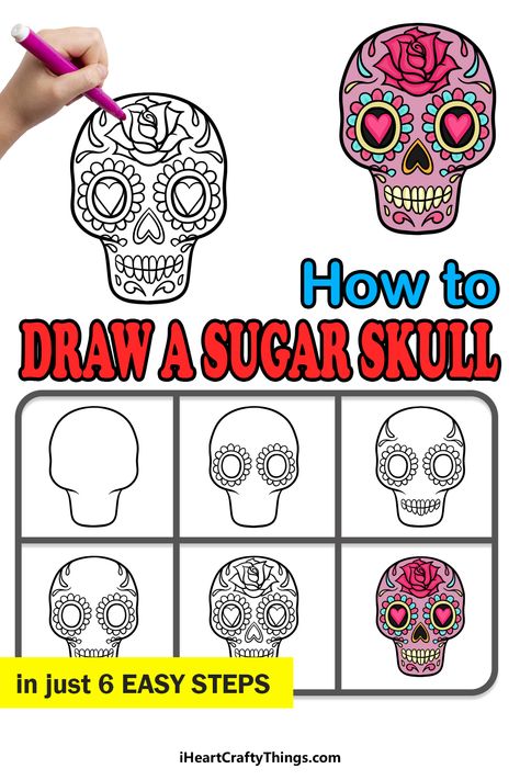 Candy Skull Drawing Easy, Draw A Skull Step By Step, Step By Step Tattoo Drawings, Day Of The Dead Skull Drawing, Candy Skull Drawing, How To Draw A Skull Step By Step Easy, Sugar Skulls Drawing, Sugar Skull Design Pattern, How To Draw Skull