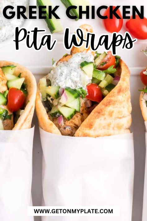 Greek Chicken Pita Tzatziki, Greek Chicken Pita Wraps, Greek Wraps Chicken Tzatziki Sauce, Chicken Tzatziki Wrap, Pita Wrap Ideas, Greek Wraps Chicken, Greek Chicken Pita Recipes, Chicken Pitas Greek, Greek Pita Wraps