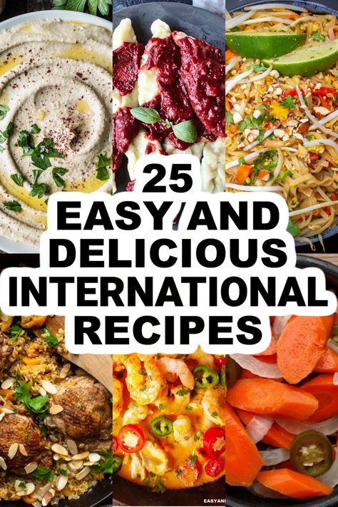 With my international recipes, you can travel the world without leaving home! Home cooks, let's whip up some international dishes that will fill your kitchen with aromas reminiscent of favorite memories from around the globe. I'm sure there's an easy recipe for a classic dish or recipes from your favorite places that you'll find here! Cultural Meals Around The Worlds, Quick International Recipes, Diverse Food Recipes, Easy Dishes From Around The World, Around The World Potluck Ideas, Easy Around The World Recipes, Cuisines Of The World, International Dinner Party Ideas, National Dishes Around The World