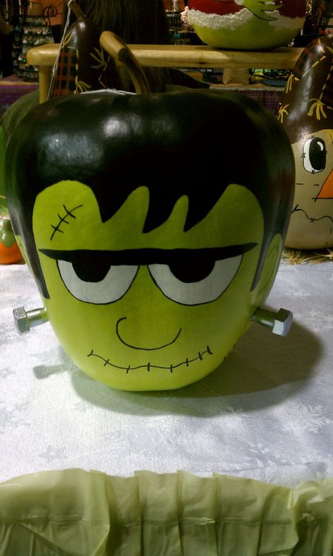 . Painted Frankenstein Pumpkin, Frankenstein Painted Pumpkins, Frankenstein Pumpkin Painting, Halloween Pumpkin Painting Ideas, Disney Pumpkin Painting, Pumpkin Painting Party, Frankenstein Pumpkin, Gourd Painting, Creative Pumpkin Painting