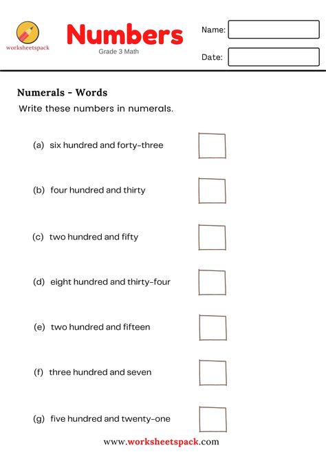 Free numbers to words worksheets for grade 3 (MATH PRINTABLE). Numerals And Number Words Worksheet, Number In Words Worksheet Grade 3, Write In Words Worksheet Maths, Numerals Worksheets, Patterns Worksheet, Grade 3 Math, Number Words Worksheets, Articles Worksheet, Worksheet Math