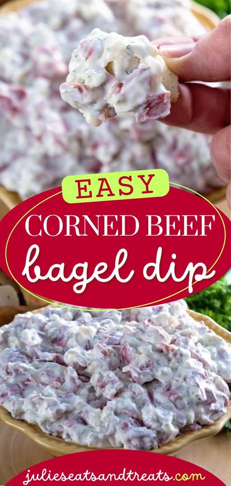 Make hosting fun with this Corned Beef Bagel Dip! This quick and easy appetizer recipe is perfect for entertaining! Add this homemade dip to your Gameday recipes or easy Thanksgiving appetizers! Corned Beef Bagel Dip, Bagel Dip Recipe Corn Beef, Budding Beef Dip, Dip For Football Party, Buddig Beef Dip, Corned Beef Appetizer Recipes, Bagel Dip Dried Beef, Bagel Dips, Corn Beef Dip