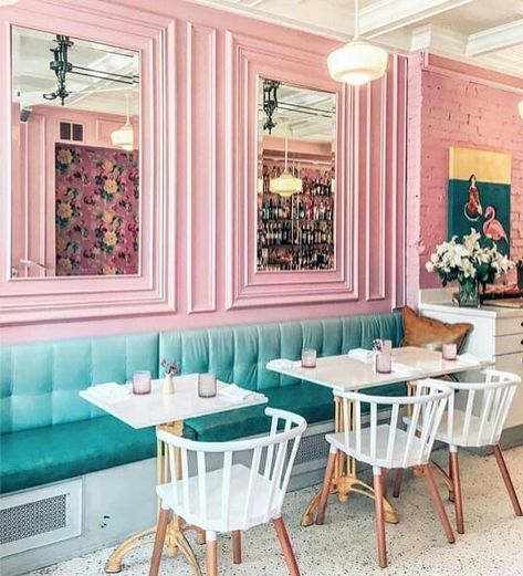 ~ Café Cancan • TO ~ 📷: IG @sonjarasula  Th3rdwave | Toronto Canada | coffee shop inspiration | coffee shop aesthetic | pink wall | interior design | green couch | modern coffee chairs ideas | modern architecture design | trendy cafe | coffee Shop Bar Pink Restaurant, Bar Deco, Café Design, Pink Cafe, Bakery Design Interior, Cake Cafe, Bakery Decor, Coffee Shops Interior, Bakery Design