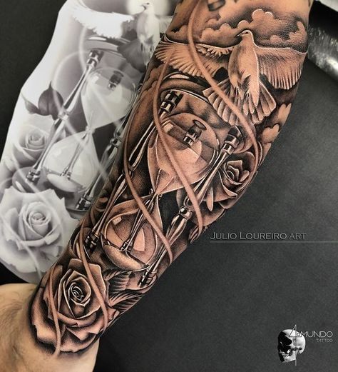 Tattoos Arm Mann, Clock Tattoo Sleeve, Voll Arm-tattoos, Arm Tattoos For Guys Forearm, Tattoo Homme, Half Sleeve Tattoos Forearm, Hourglass Tattoo, Men Tattoos Arm Sleeve, Full Arm Tattoos