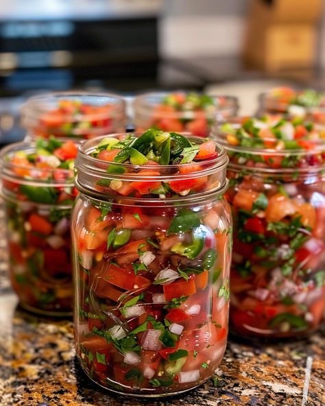 Filling up 1 glass jar of this stuff is never enough! I usually like to do 5 at once! Canned Pico De Gallo Recipe, Mexican Relish, Best Chicken Wing Recipe, Salsa Guacamole, Homemade Salsa Recipe, Mexican Salsa, Fish And Chicken, Mexican Food Recipes Easy, Fresh Salsa