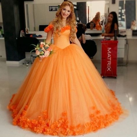 Xv Themes, Orange Quince Dresses, Orange Quinceanera Dress, Orange Wedding Dresses, Orange Quinceanera Dresses, Orange Quince, Orange Quinceanera, Poofy Prom Dresses, Dresses Puffy