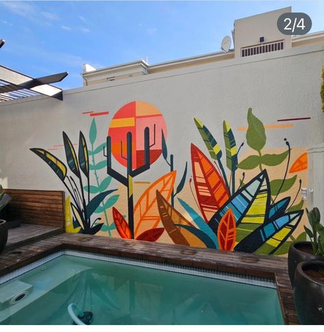 Tropical Mural Painting, Murals Street Art Creative, Backyard Mural Ideas, Outdoor Wall Mural, Outdoor Wall Paint, Backyard Mural, Exterior Murals, Garden Fence Art, Gym Wall Decal