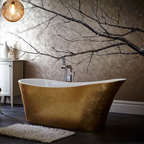 Wow, what a stunning metallic gold bath! It's freestanding, but made of acrylic, so ideal for modern bathrooms. Heritage Bathroom, Slipper Bath, Gold Effect, Tile Covers, Standing Bath, Gold Bathroom, Wooden Cabinets, Luxury Bath, Décor Diy